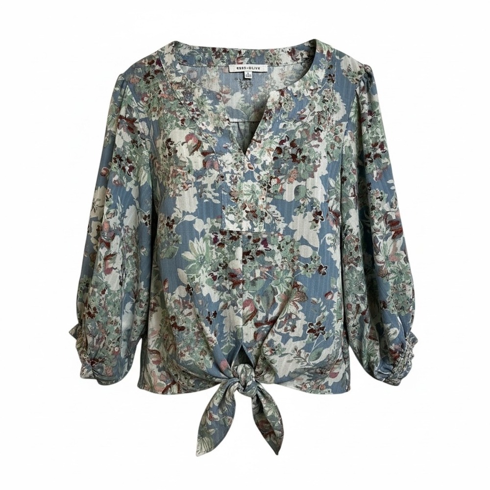 Rose + Olive Blue Floral Tie Front V Neck Long Sleeve Blouse Top Women's Size L‎